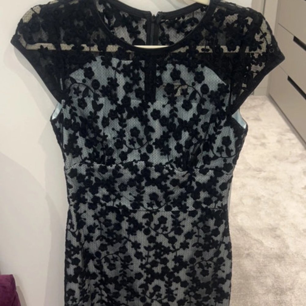 Reiss black lace dress with ice blue lining size 8
